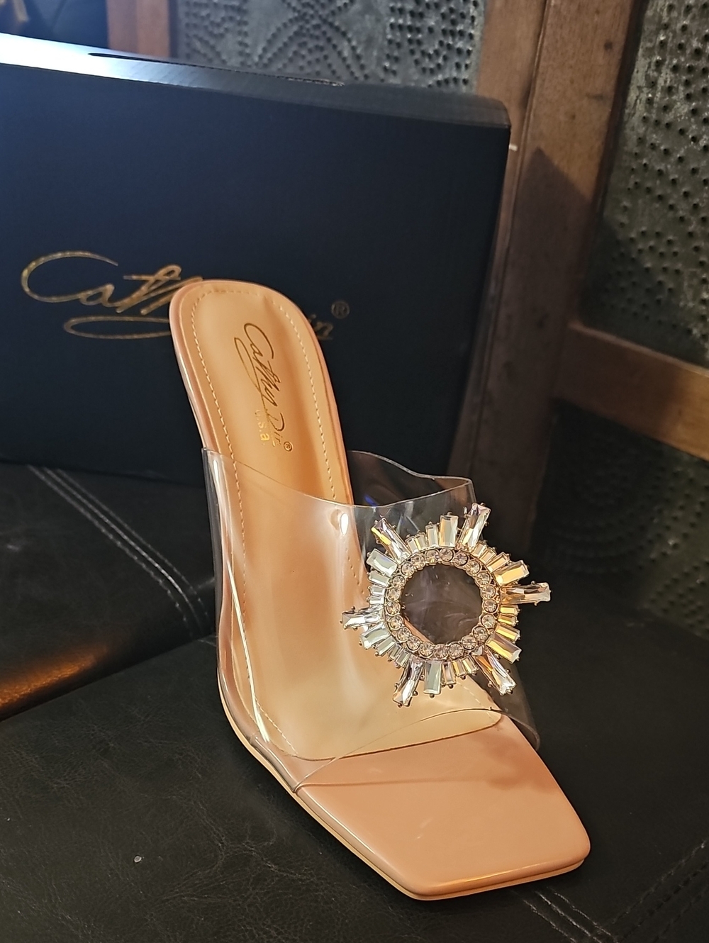 Clear Strap Nude Mule with Crystal Sunburst Accent